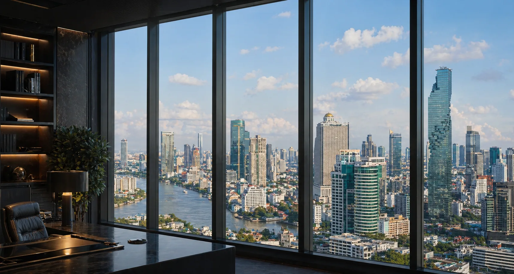 曼谷白天辦公室窗外的城市天際線與昭披耶河商務景觀，象徵曼谷徵信社處理泰國旅居查核、跨境感情調查、商務盡調與尋人查址