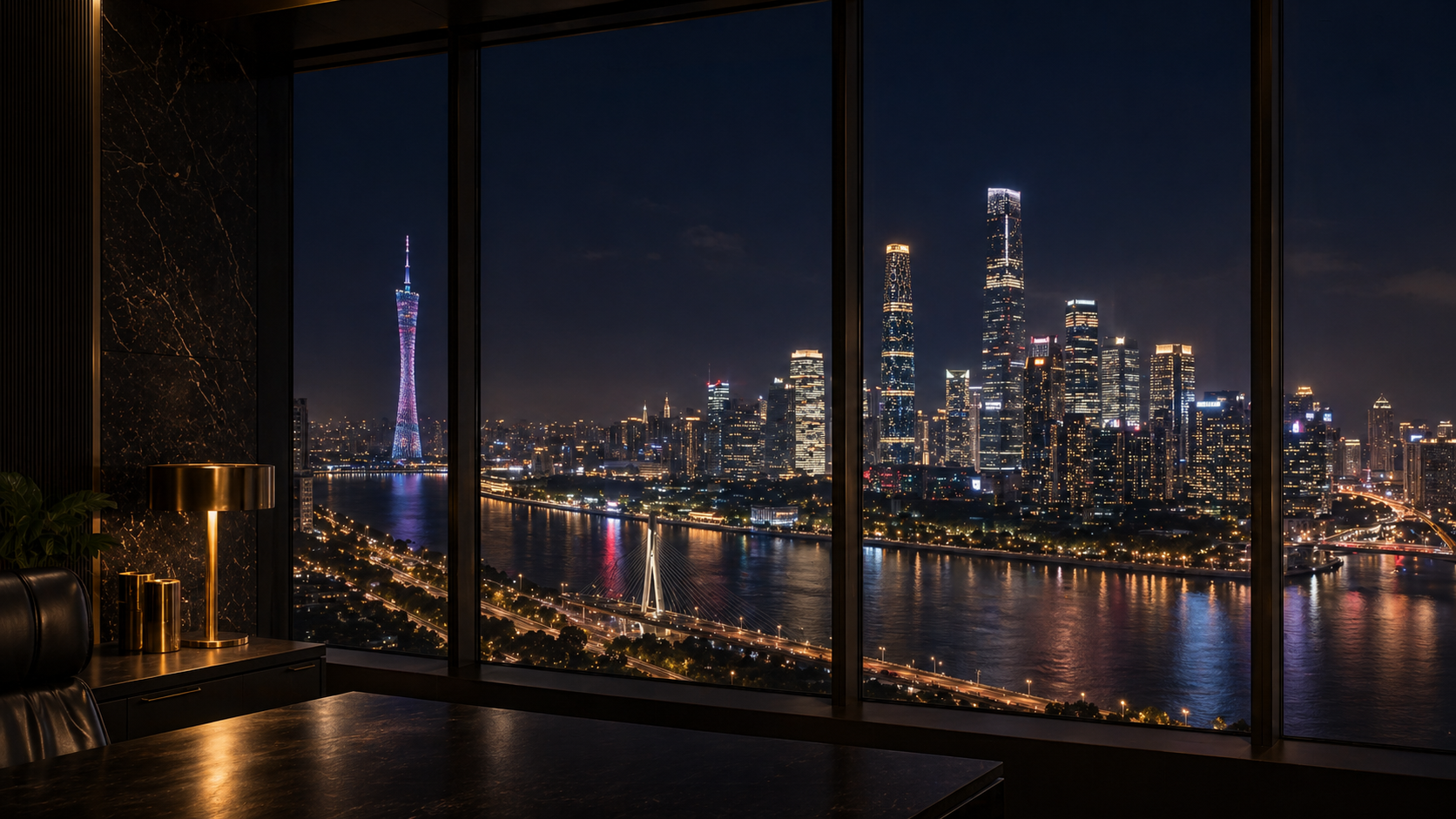 Guangzhou skyline at night with the Pearl River and Canton Tower, representing commercial due diligence, supply chain verification, relationship investigation, and locate-and-trace work in Guangzhou