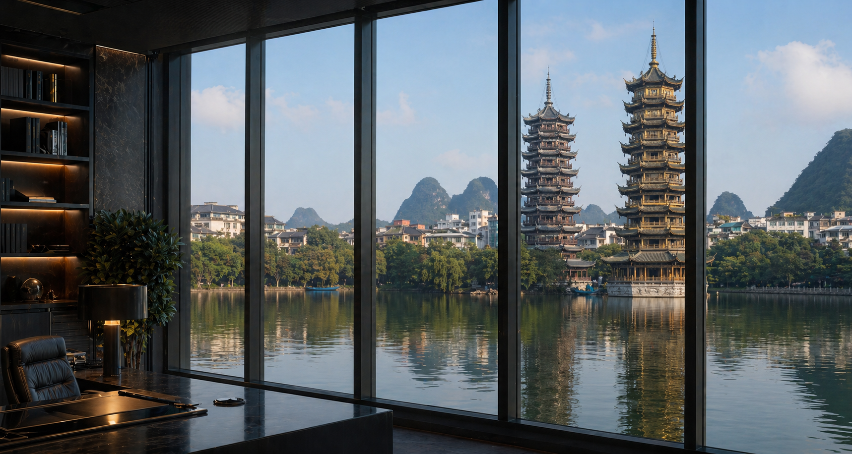 Guilin lake and city landmark in daylight, representing travel and residency relationship checks, locate-and-trace work, guesthouse investment due diligence, and local business background review in Guilin