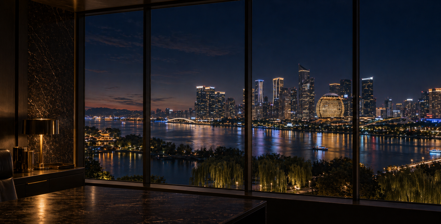 Hangzhou waterfront skyline at night, representing e-commerce platform risk, technology-company due diligence, relationship investigation, online identity review, and locate-and-trace work in Hangzhou