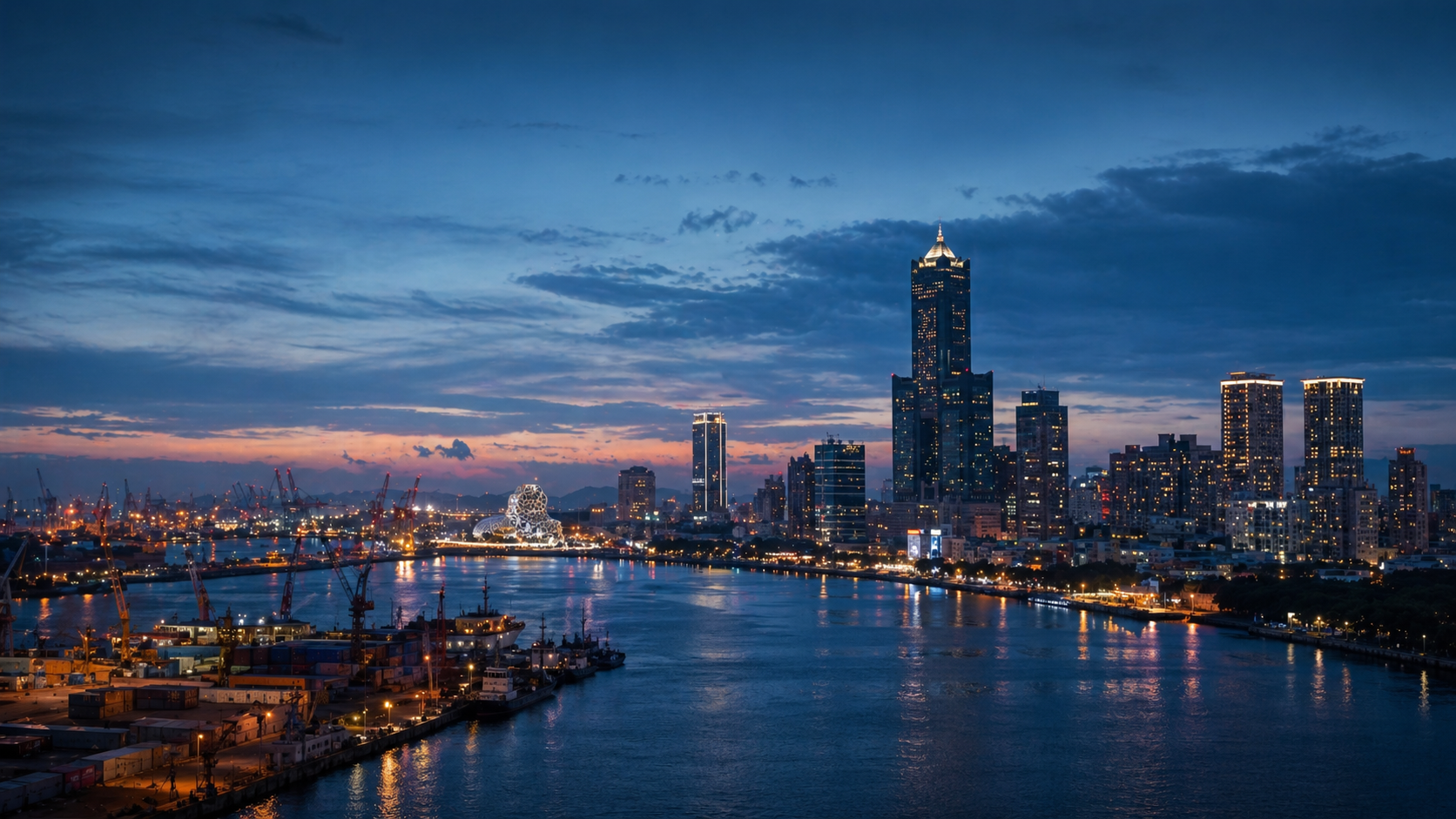 Kaohsiung harbor and city skyline at night, representing Kaohsiung investigation support, relationship evidence, people locate work, harbor-business risk, corporate background checks, and Kaohsiung-Pingtung coordination