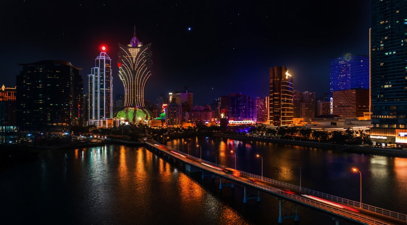 Macau skyline and casino district at night, representing hospitality tracking, locate-and-trace work, relationship evidence, third-party intervention, asset leads, and cross-border risk control in Macau