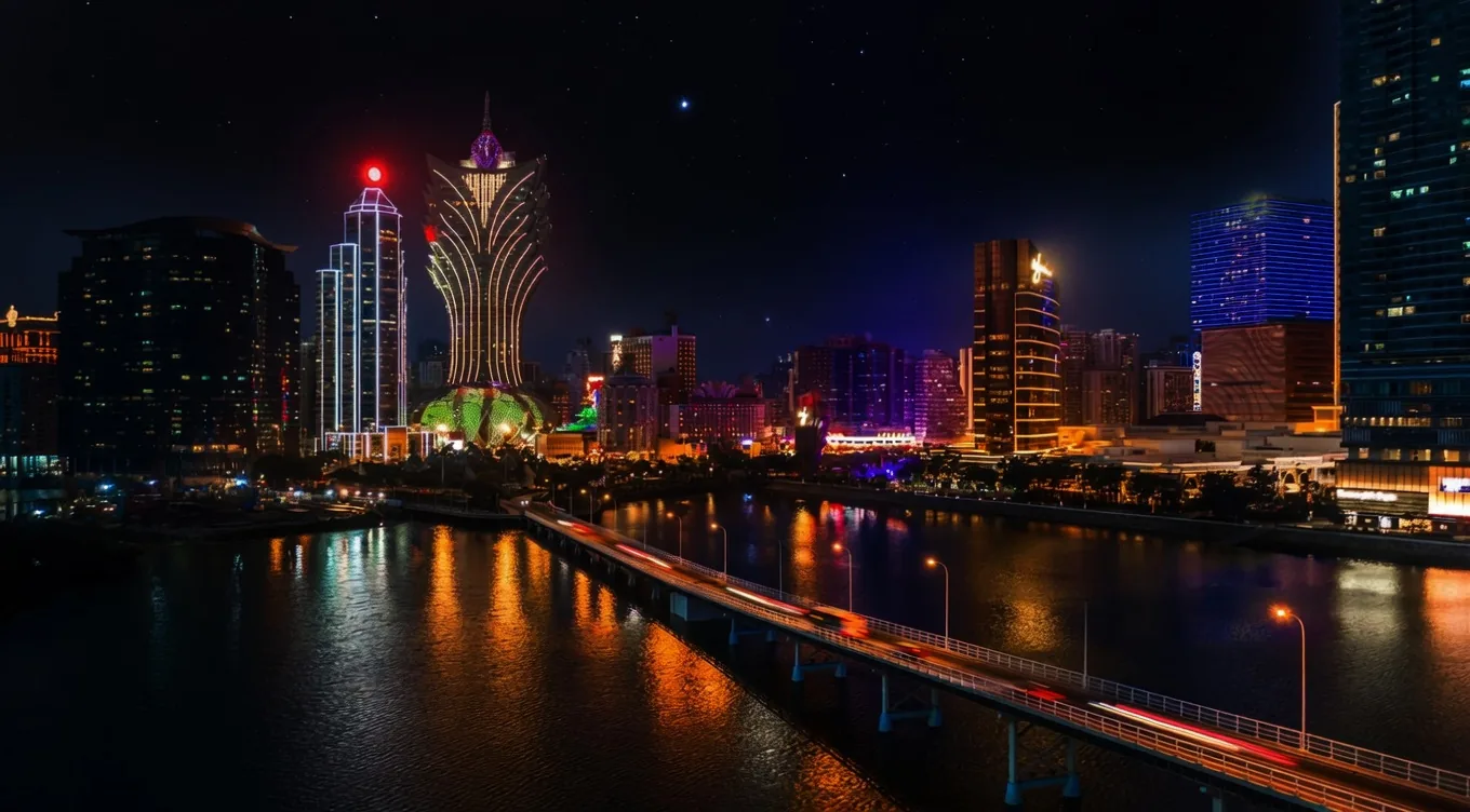 澳门新葡京大楼与城市夜景天际线，呈现安心羨予澳门调查服务、旅宿行踪判读、寻人查址、婚外情取证、第三者劝退、财产线索与跨境风险控制