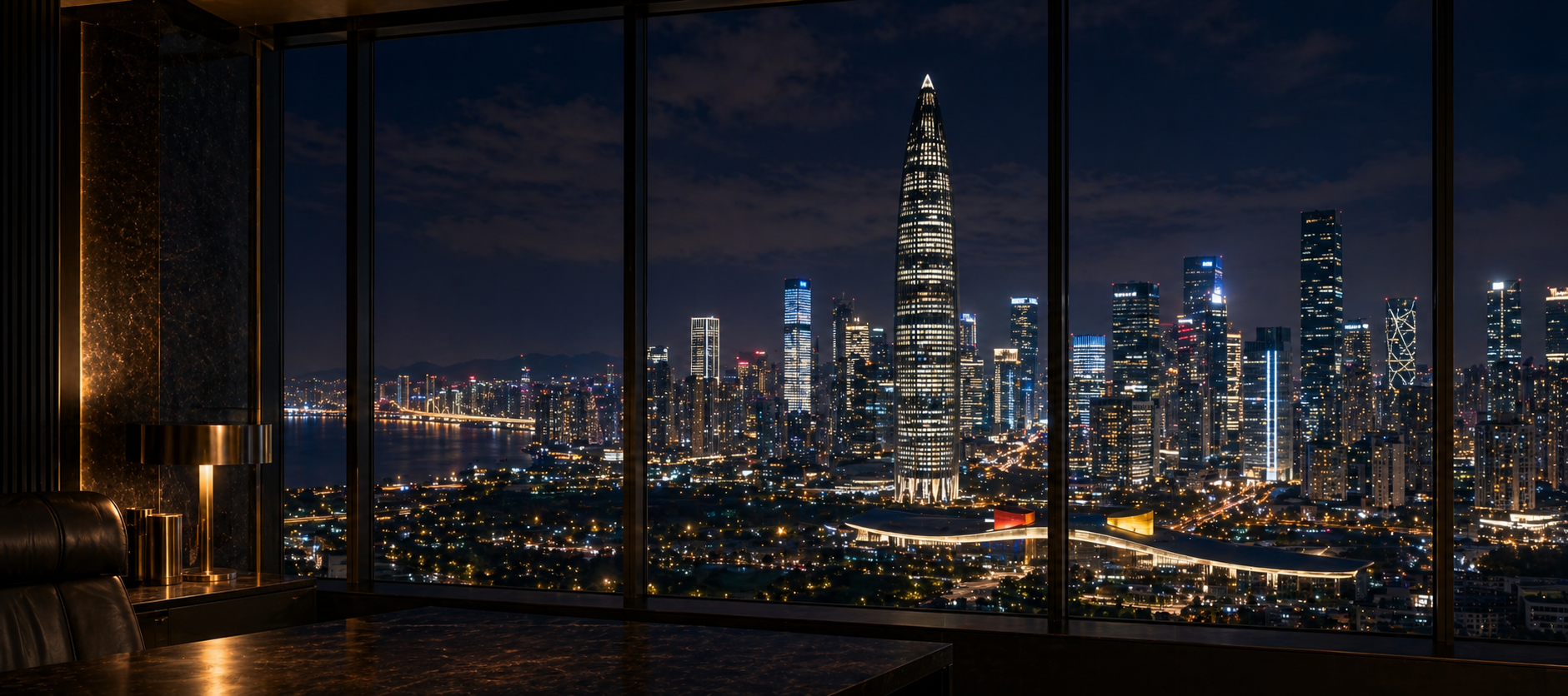 Shenzhen technology and finance skyline at night, representing technology-company due diligence, Hong Kong-Shenzhen cross-border risk review, relationship investigation, and locate-and-trace work in Shenzhen