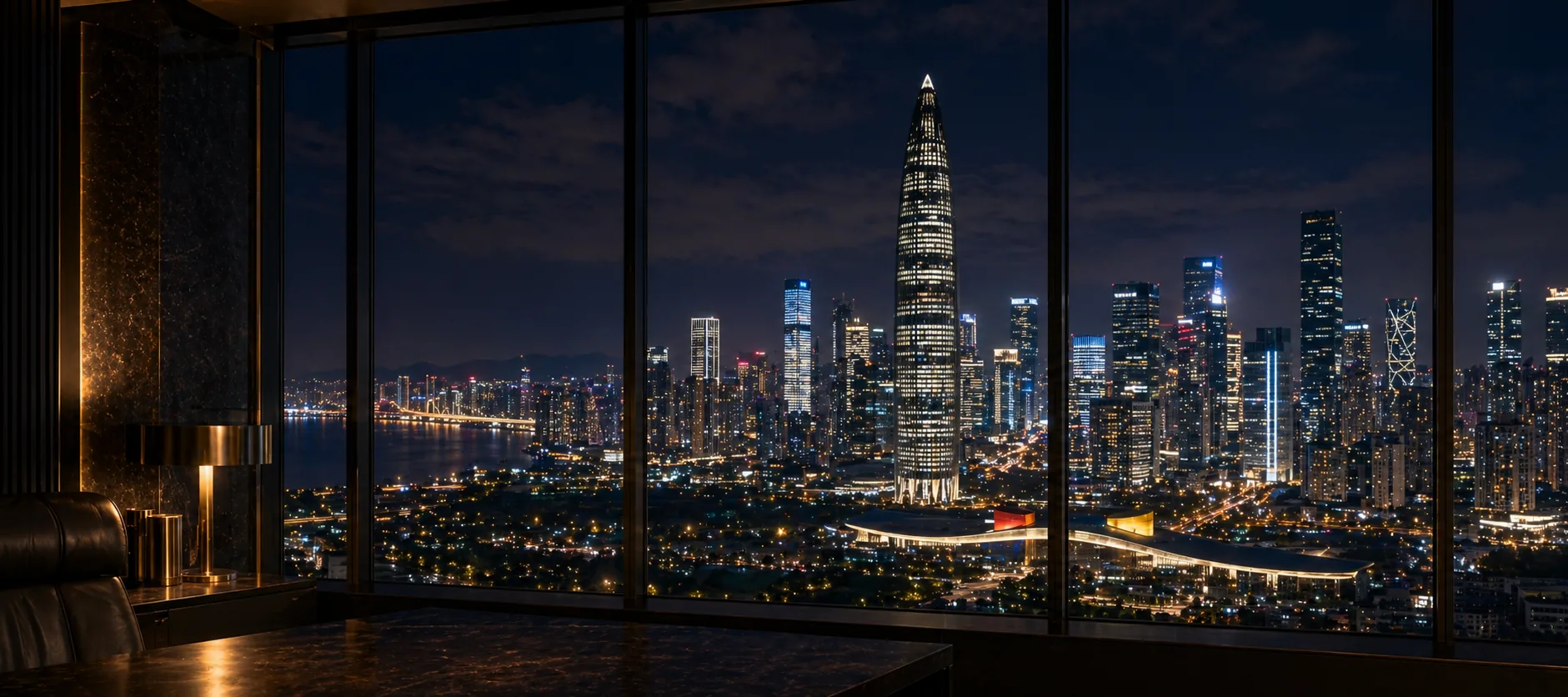深圳夜間辦公室窗外的科技與金融天際線，象徵深圳徵信社處理科技企業盡調、港深跨境風險、外遇調查與尋人查址
