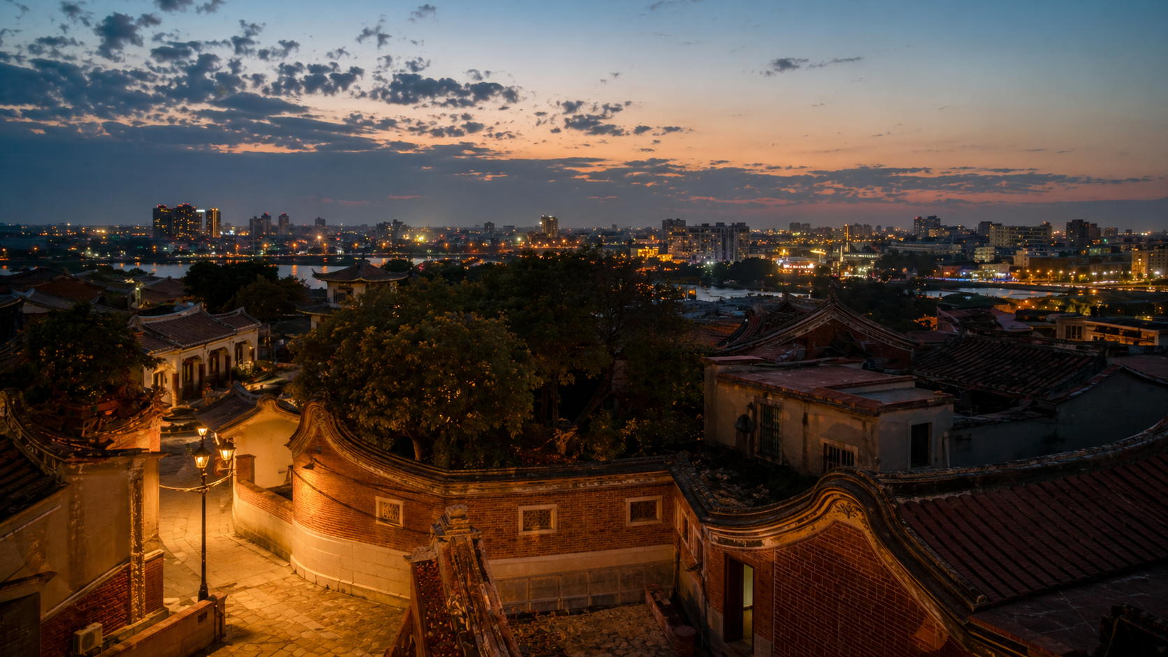 Historic Tainan streetscape and city night view, representing Tainan investigation support, relationship evidence, locate-and-trace work, premarital review, Nanke supply-chain risk, and corporate background checks